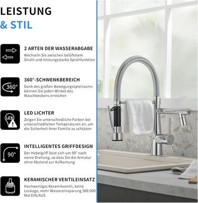 TIMACO LED Wasserhahn Küche Chrom mit Schloss Brause Ausziehbar - 360° Schwenkbare- Pull-Down-Spray