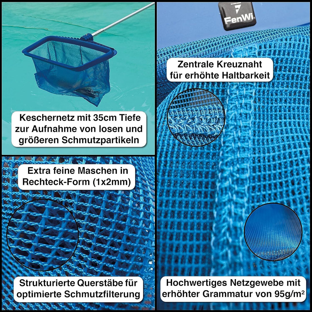 FenWi 10m Teleskop Pool Teich Set mit 2X Kescher und 2X Bürste/Teleskopstange mit Oberflächenkescher
