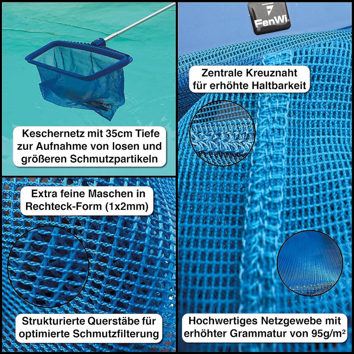 FenWi 10m Teleskop Pool Teich Set mit 2X Kescher und 2X Bürste/Teleskopstange mit Oberflächenkescher