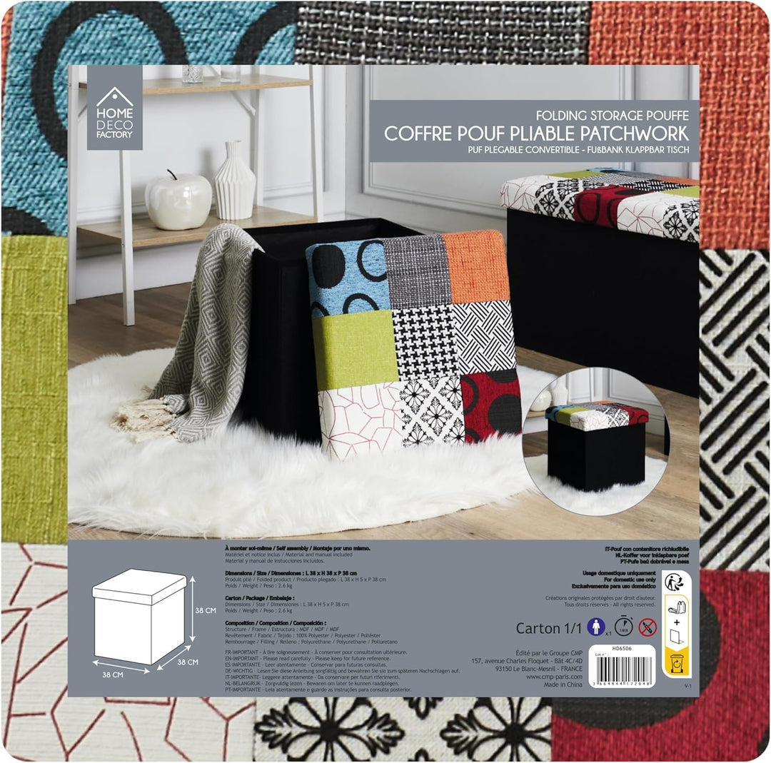 Home Deco Factory HD6506 Hocker mit Aufbewahrungsbox, zusammenlegbar, Patchwork-Design, zum Sitzen,
