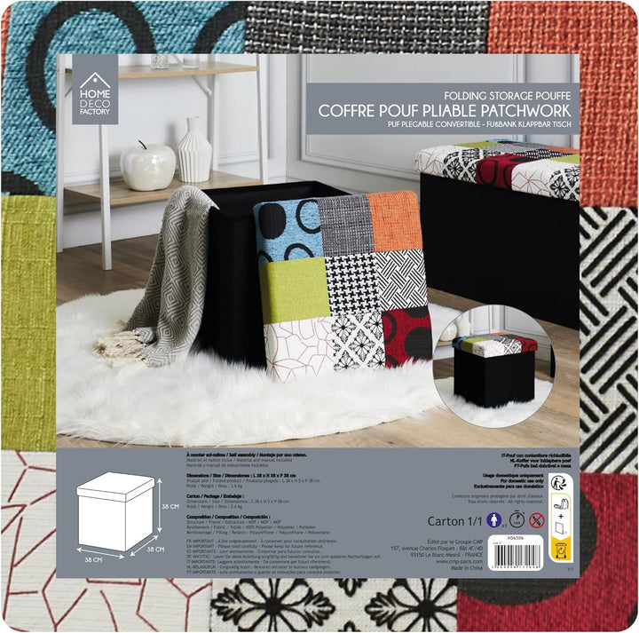 Home Deco Factory HD6506 Hocker mit Aufbewahrungsbox, zusammenlegbar, Patchwork-Design, zum Sitzen,