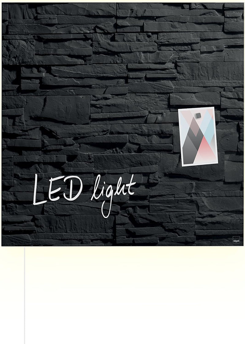 SIGEL GL404 Premium Glas-Magnettafel 48 x 48 cm mit LED-Beleuchtung, Design Schiefer-Stone hochglänz