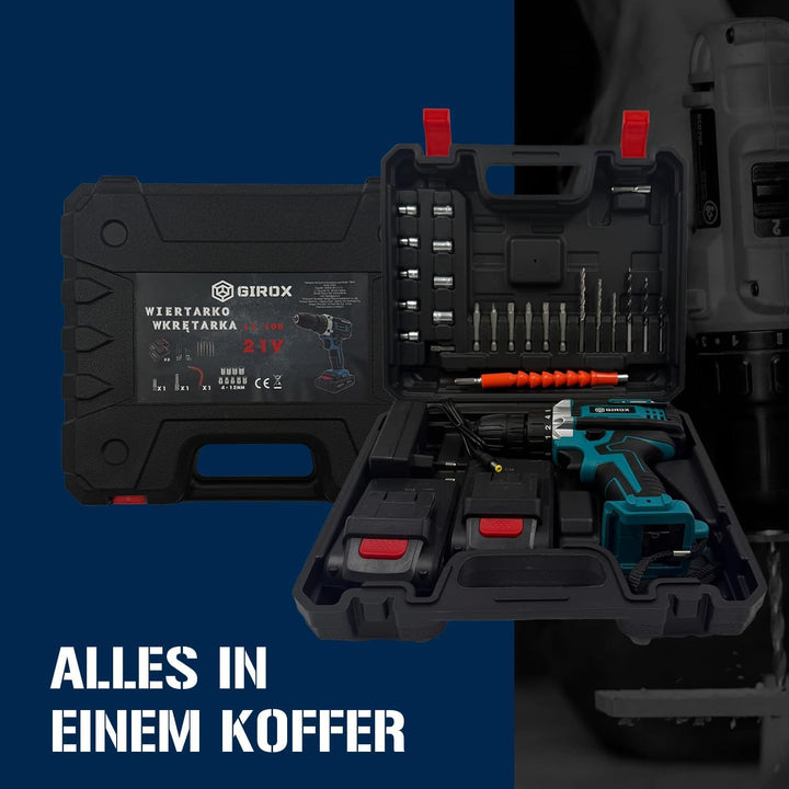 Girox - Akku Bohrschrauber 21V Blau - Akkuschrauber Set mit 2x 2,0Ah Li-Ion Akku und Ladegerät - 2 G