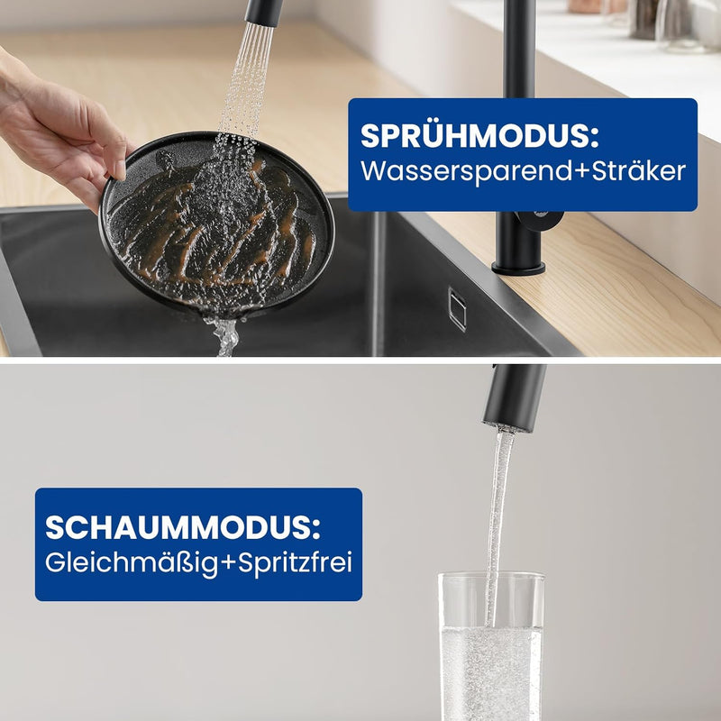 CECIPA Niederdruck Armatur Küche Schwarz, Küchenarmatur Ausziehbar mit 2 Strahlarten, Wasserhahn 3 A