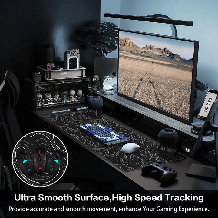 Gaming Mauspad XXL, Mousepad 900 x 400mm, Schwarz Topographisch Schreibtischunterlage gross Vernähte