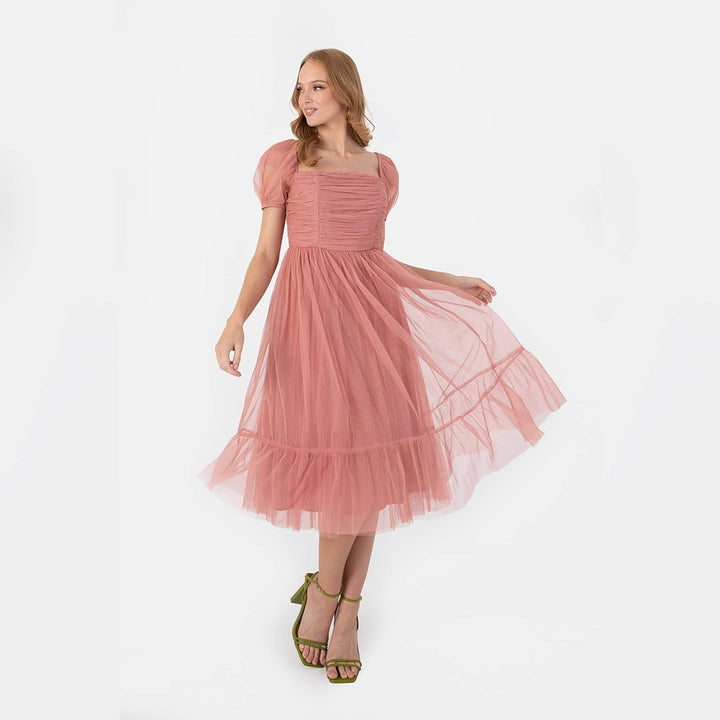 Anaya with Love Damen Ladies Midi Dress Women Short Puffed Sleeve Square Neck Frilly for Wedding Gue
