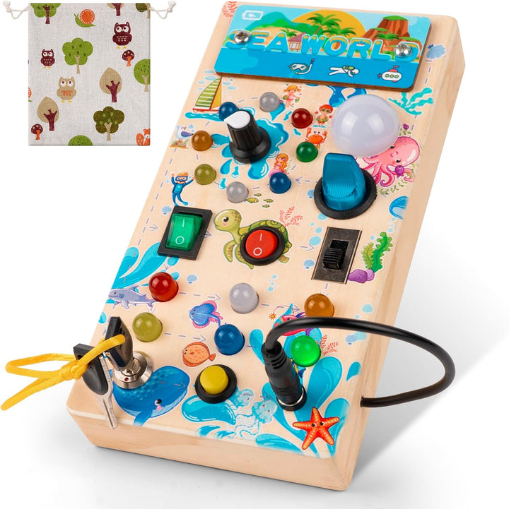 BatdTech Montessori Spielzeug Busy Board mit 15 LED Lichtschalter, Holzspielzeug Motorikspielzeug Ac