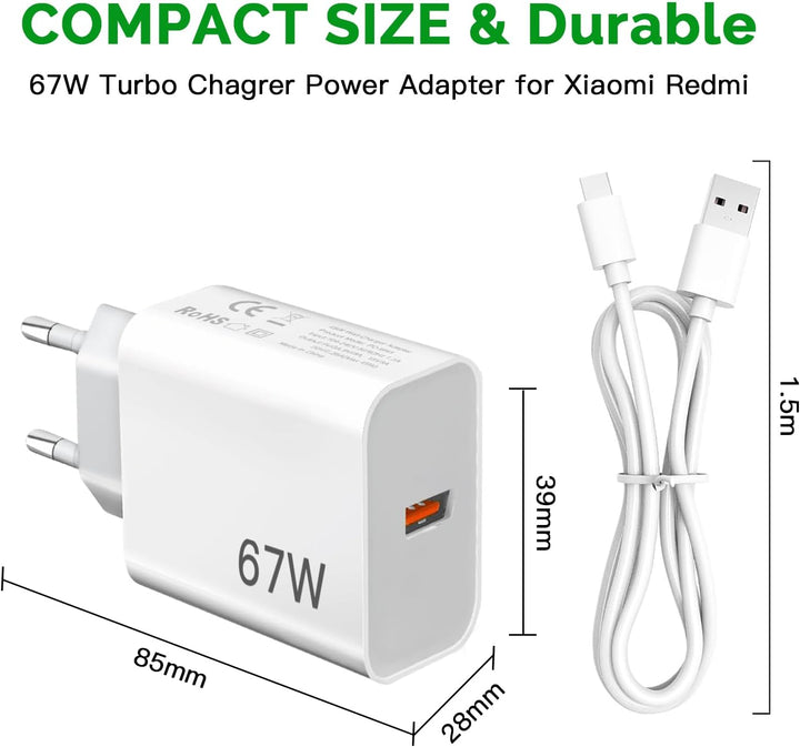 67W Ladegerät Netzteil für Xiaomi 15T 14T 17T Redmi Note 15 14 Pro 5G/13 12 | 2Pack Schnellladegerät