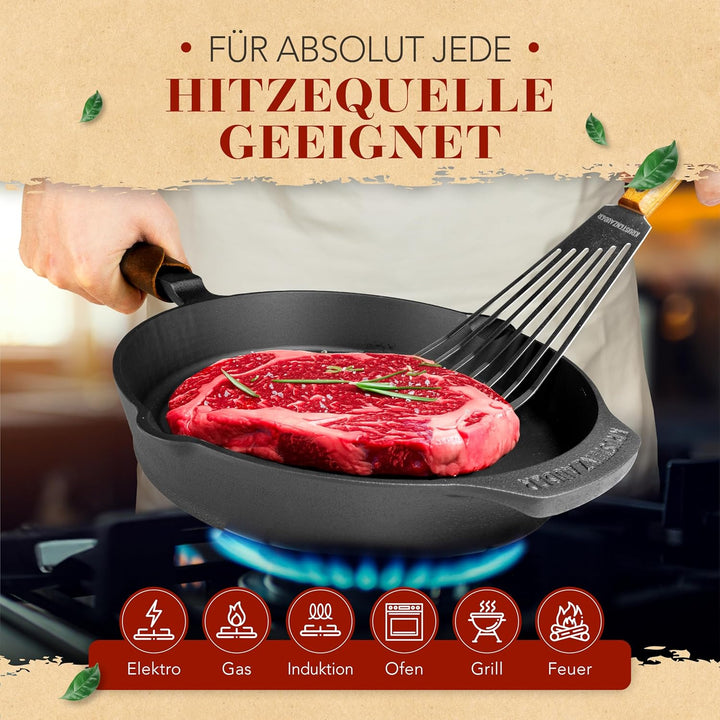 KRUSTENZAUBER Gusseisenpfanne Induktion 28cm inkl. Deckel und Pfannenwender - Geschliffene Pfanne Gu