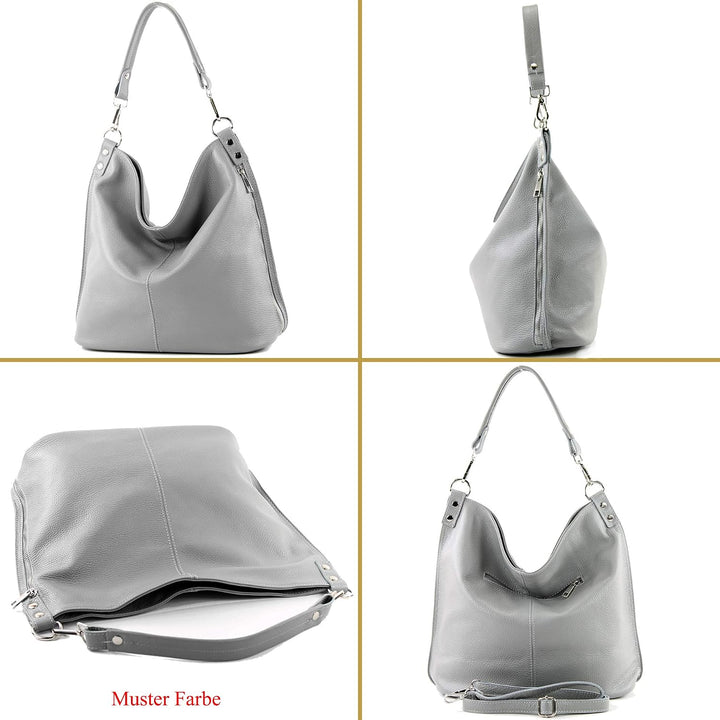 modamoda de - T177 - ital. Damen Schultertasche aus Leder Graphitgrau, Graphitgrau
