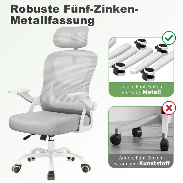 rattantree Bürostuhl, Schreibtischstuhl mit Hochklappbaren Armlehnen, Kopfstütze und Rückenlehne, Kl