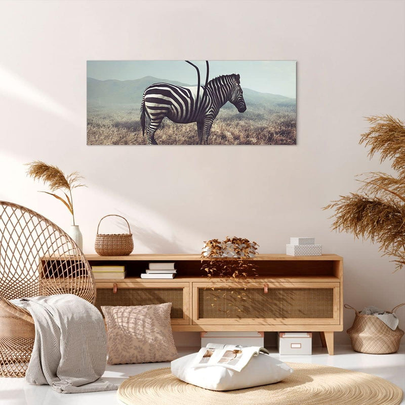 Wandbilder Dekoration Wohnzimmer Zebra Tier Wiese Panorama Bilder auf Leinwand 120x50cm Leinwandbild