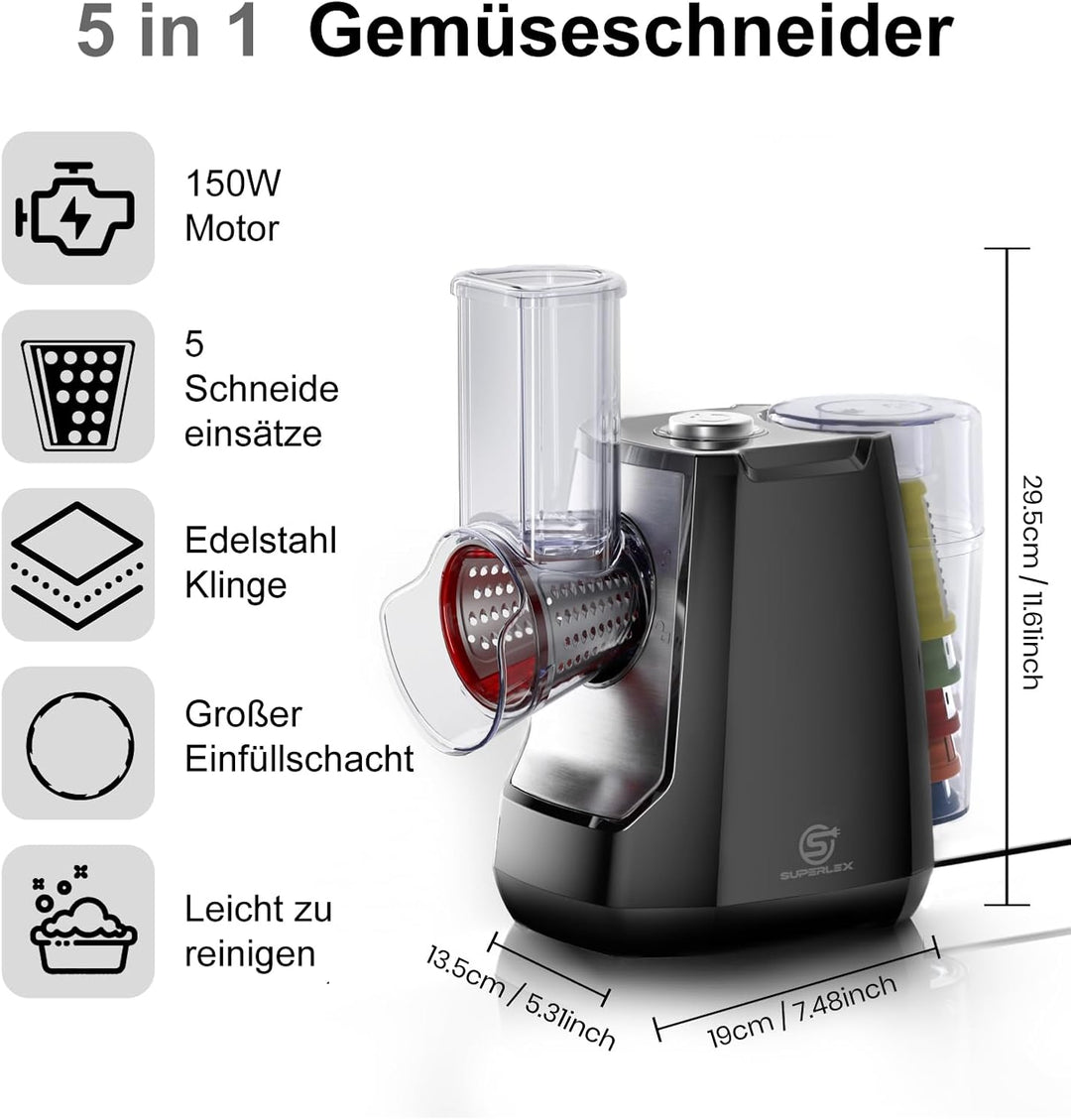 Gemüseschneider Elektrisch 5-in-1 Gemüsehobel mit 5 Austauschbaren Trommelklingen Elektrische Reibe