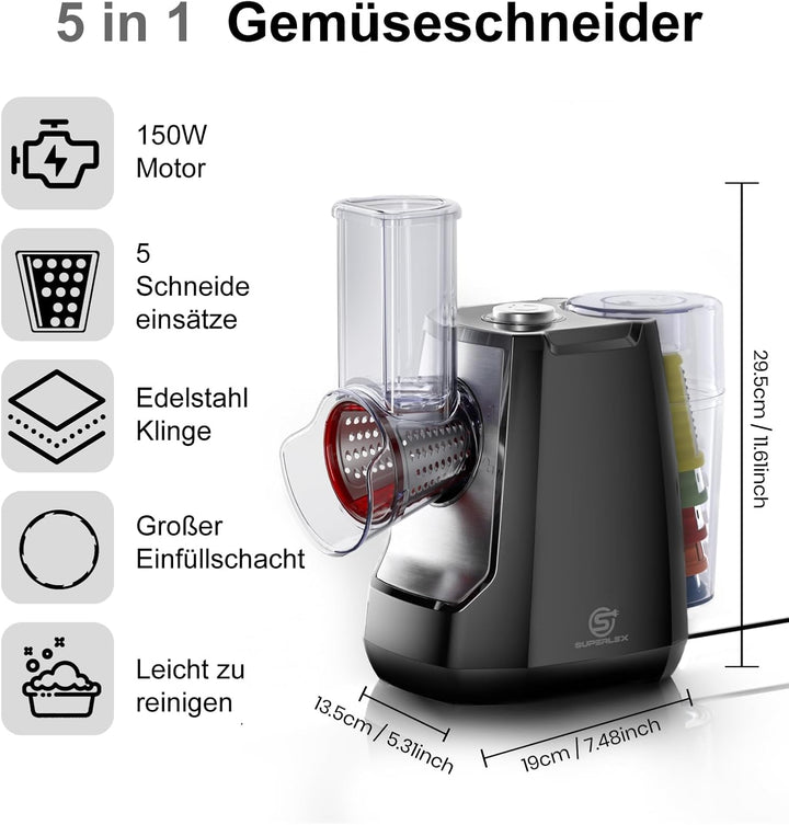 Gemüseschneider Elektrisch 5-in-1 Gemüsehobel mit 5 Austauschbaren Trommelklingen Elektrische Reibe
