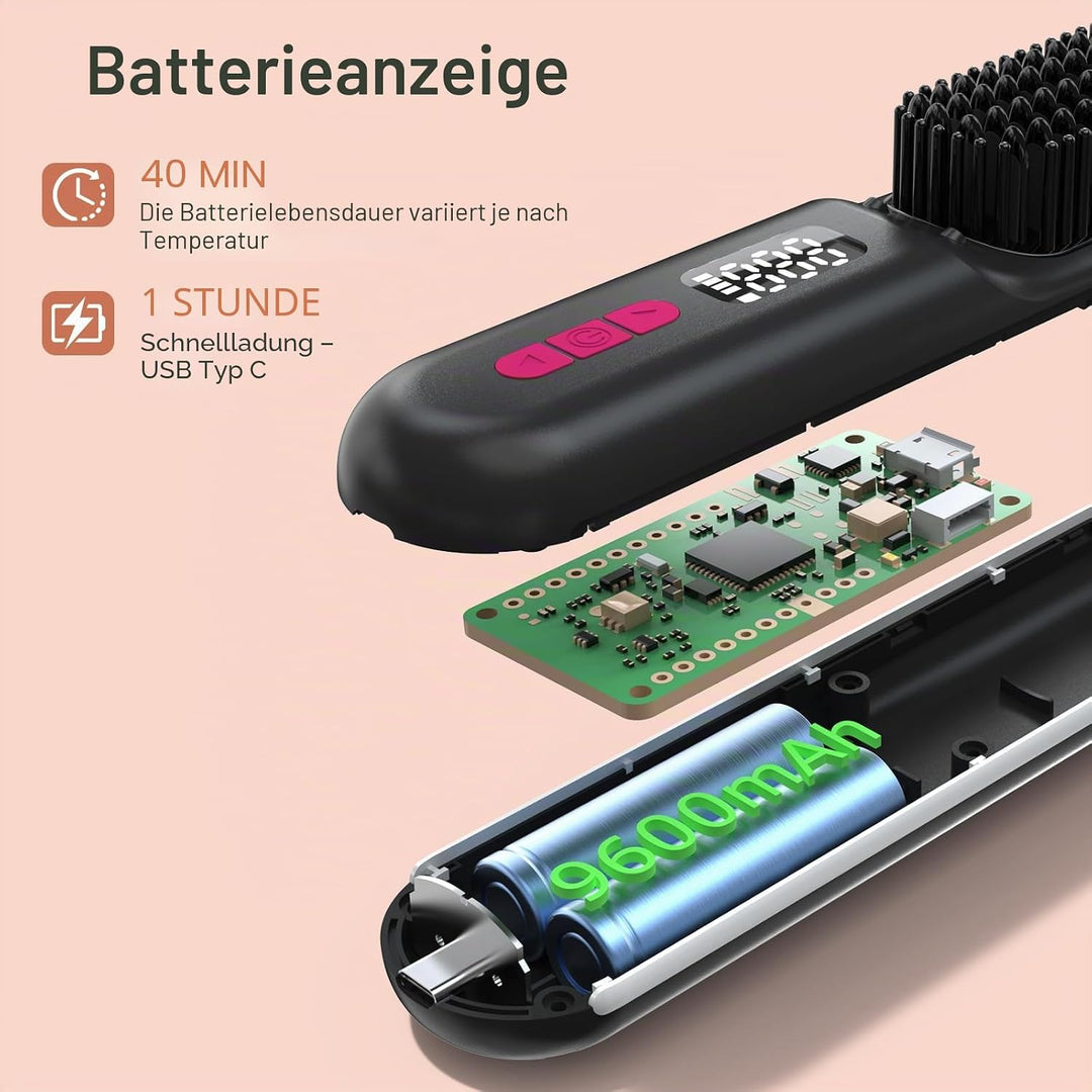 Glättbürste Kabellos 9600mAh, 9 Wärmestufen(140–230°C) CHaarglätter Bürste mit Millionen Negative Io