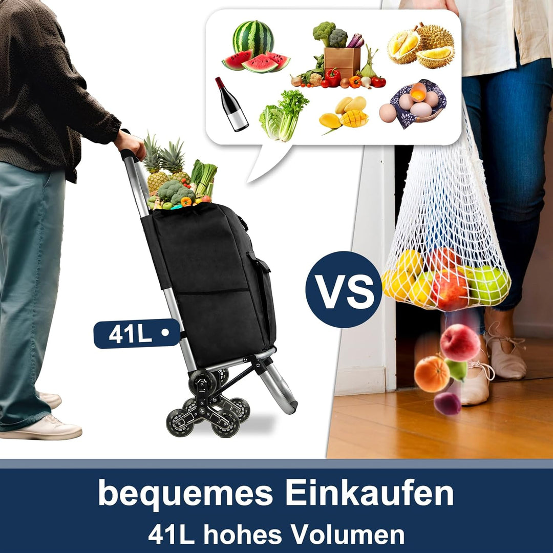 Einkaufstrolley 41L mit Dreiecks-Treppenrädern, Klappbar Einkaufswagen 50kg Belastbar, Abnehmbare Wa