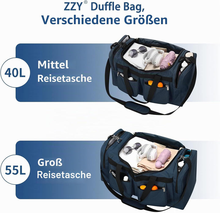 ZZY 55L Sporttasche Gross Herren – wasserdichte Weekender Tasche mit 2 Seitentaschen für Fitness, Gy