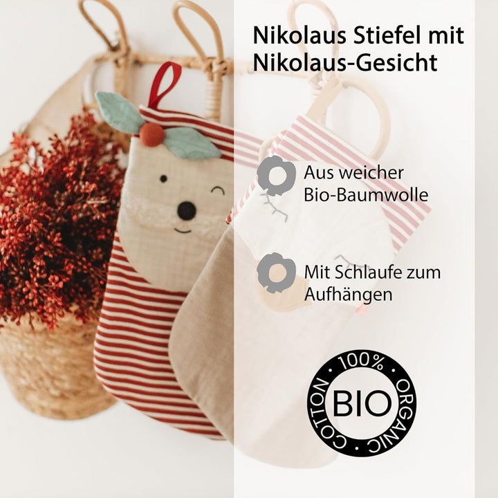 kikadu Nikolausstiefel - Aus 100% GOTS zertifierter Bio-Baumwolle, mit besticktem Nikolausgesicht, z