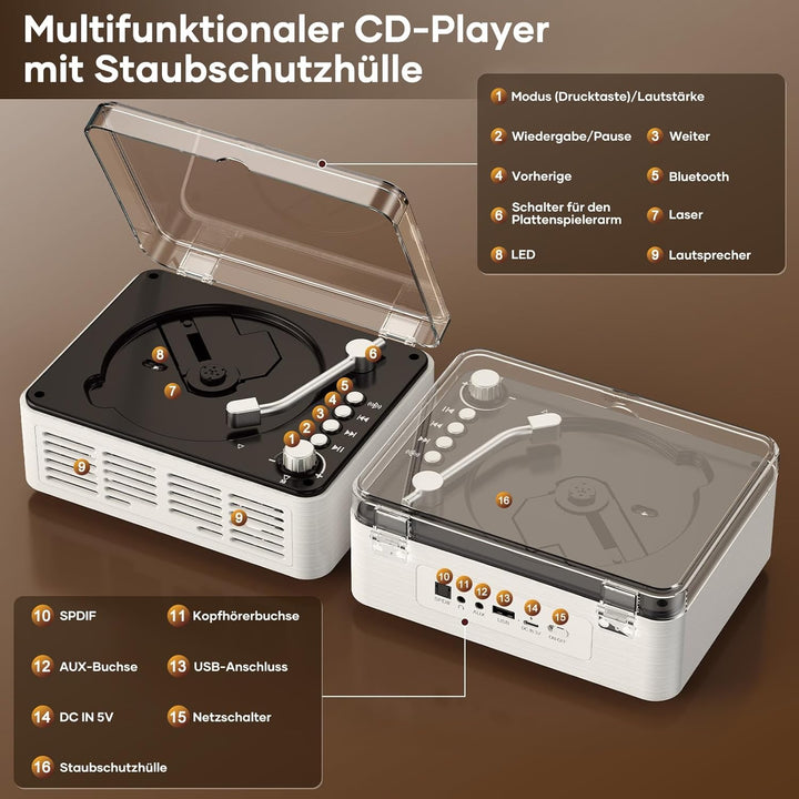 Tragbarer Bluetooth CD Player mit Fernbedienung - Timzeit Weisse Retro CD Spieler mit HiFi-Sound Lau