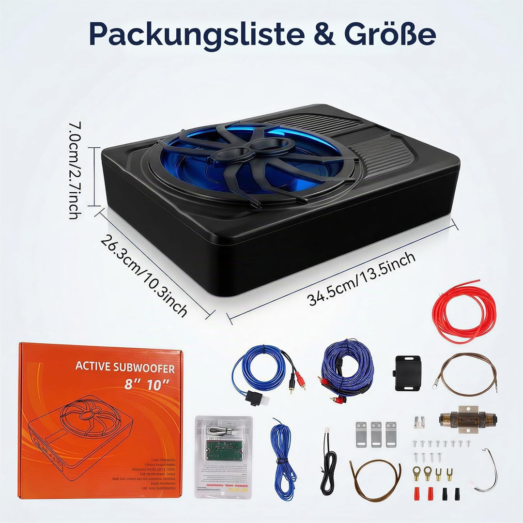 OiLiehu Untersitz Auto Subwoofer 1000W, 10" Schlanker Auto Subwoofer mit Stereo-Surround-Sound, Inte