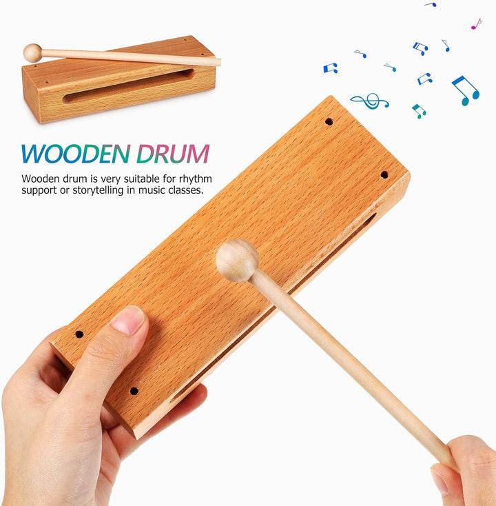 Vaguelly 2 Sätze Holz Orff Instrument Percussion Blöcke und Handtrommel mit Holzschlägeln Rhythmus H