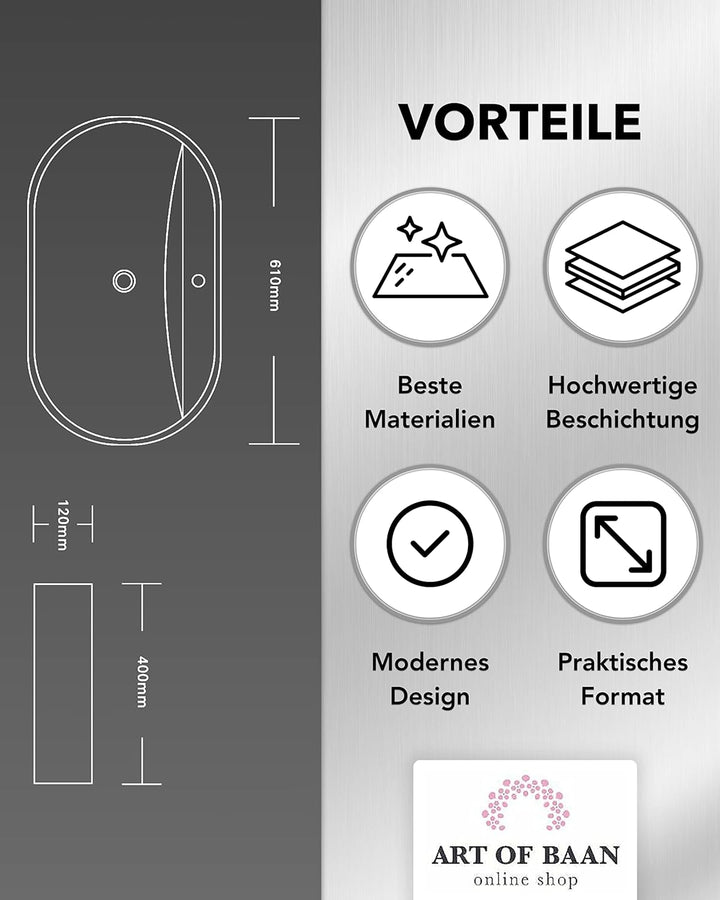 Art-of-Baan Premium Waschbecken oval - Hochglanz Aufsatzwaschbecken - Keramik-Becken für Waschtisch