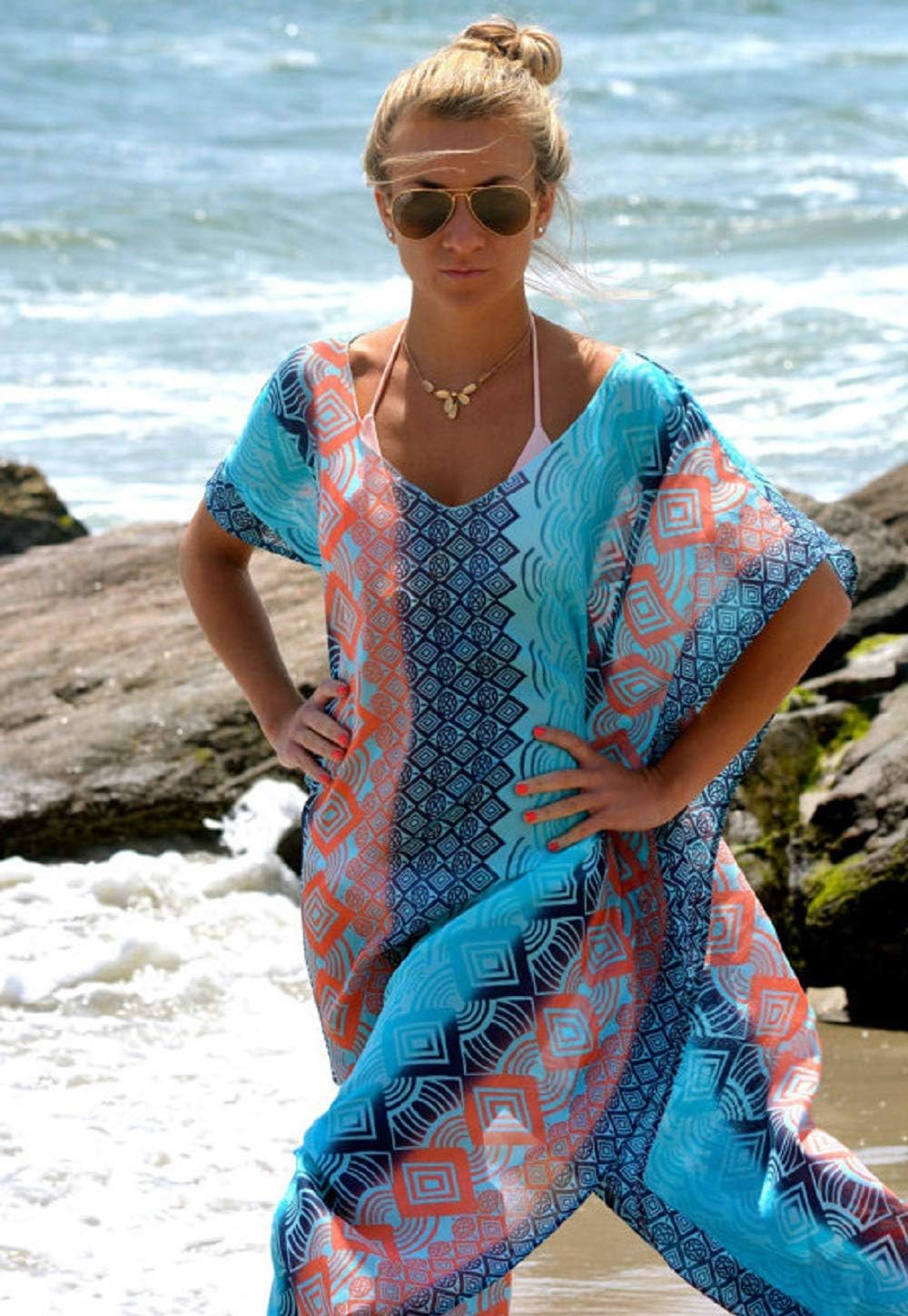 Bsubseach Damen Beachwear Türkische Kaftans Lange Strandkleid Caftan Beach Dress B-blau, B-blau
