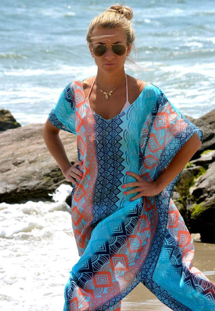 Bsubseach Damen Beachwear Türkische Kaftans Lange Strandkleid Caftan Beach Dress B-blau, B-blau