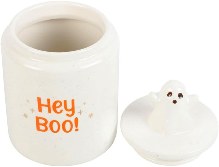 Horror-Shop „Hey Boo“ Weisser Halloween Vorratsbehälter aus Keramik 17 cm