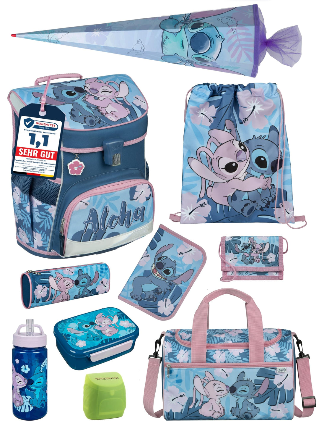 Familando - Scooli Campus Fit Schulranzen Set - 10-teilig mit Schultüte - Disney Stitch - Ergonomisc