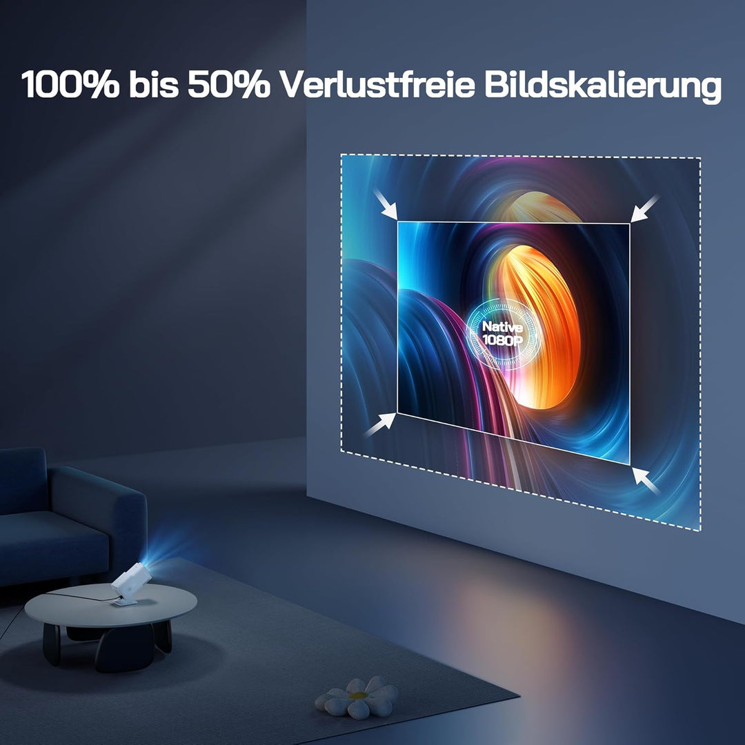 WOLFANG 4K Mini Beamer mit Offiziellem Netflix, 26000 Lumen WiFi 6 Smart Projektor mit 50% Zoom & Tr