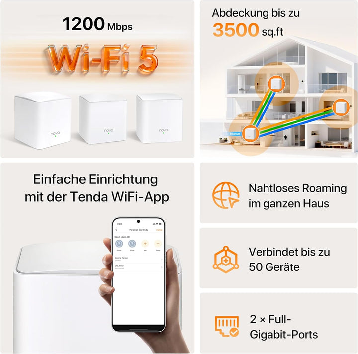 Tenda Nova MW5G (3er Pack) echtes Dual-Band Mesh WLAN (bis zu 300m², 6X Gigabit Ports, AC1200, Gigab