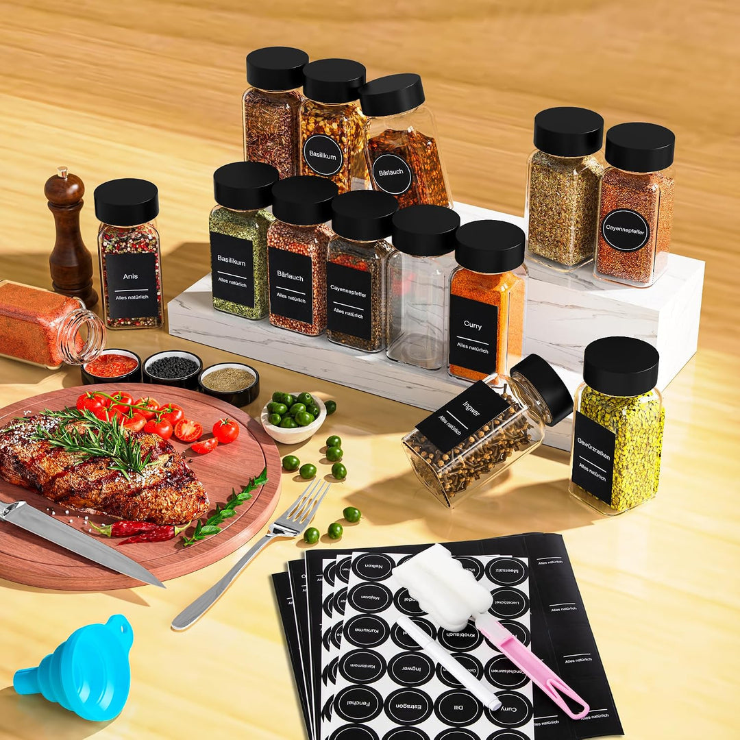 36 Gewürzgläser Eckig Set mit Deckel, 120ml Gewürzdosen mit 340 Etiketten,Sieben (36) (36 BLACK), 36