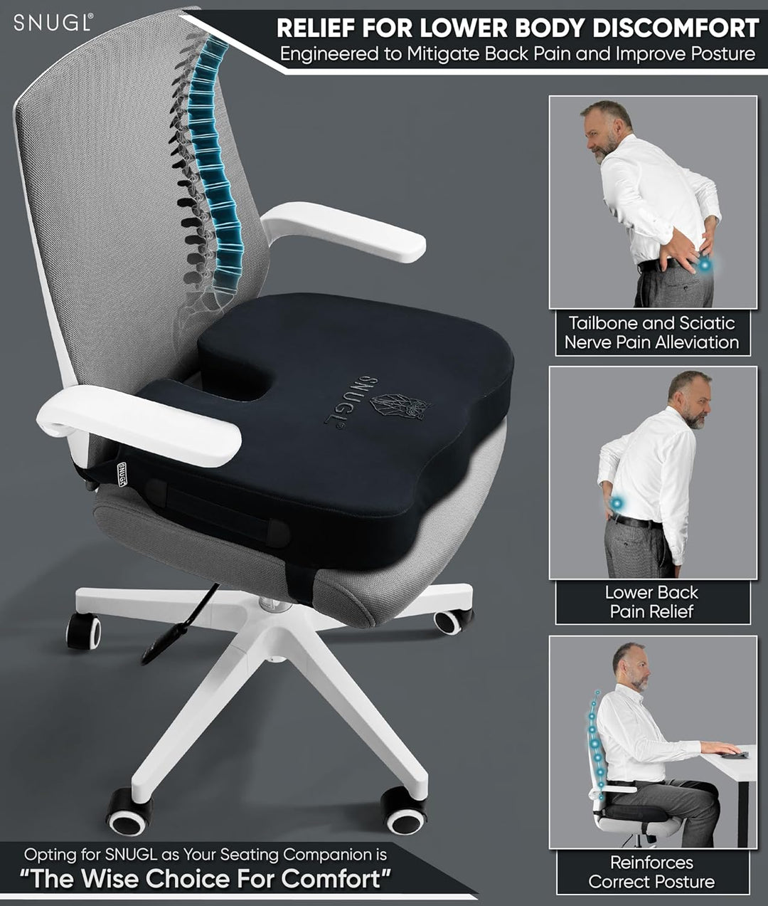 SNUGL Sitzkissen orthopädisch Memory Foam Steissbeinkissen | Stuhlkissen gegen Rückenschmerzen | Erg
