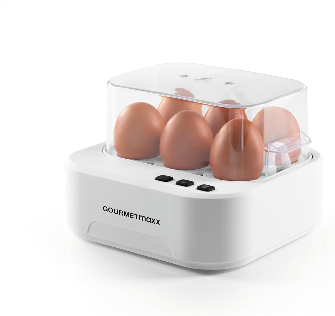 GOURMETmaxx Sprechender Eierkocher für 6 Eier | Design Egg Cooker mit Eierstecher, Messbecher & Spra