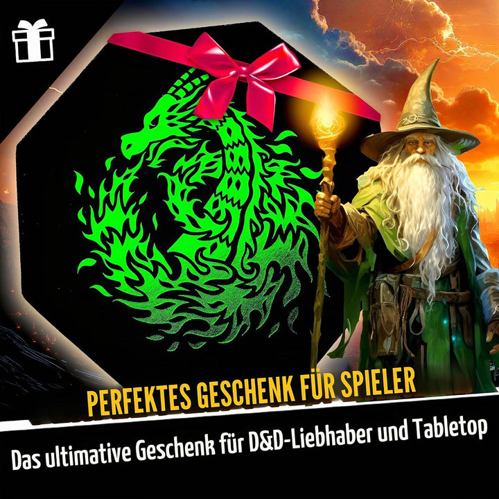 Fantasydice Green Fire Dragon Dice Tray with Wizard Book Print – 23CM Octagon with Dice Staging Area