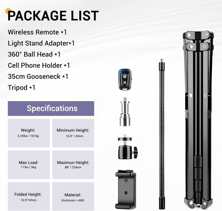 Victiv 224cm Hoch Handy Stativ, Schwerlast Flexibel Overhead Stativ für Kamera mit 35cm Verstellbare