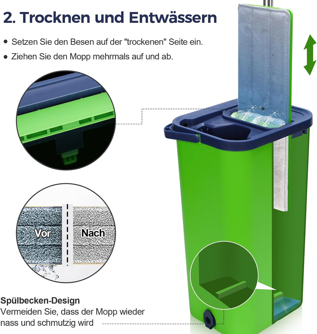 MASTERTOP Wischmopp Set mit Eimer, Bodenwischer und Eimer mit Auswringfunktion, Nass- und Trockenmop