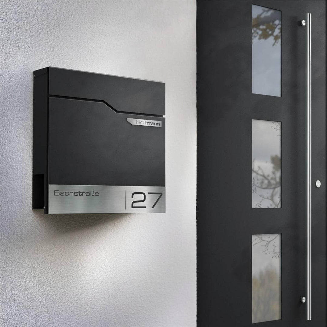 Metzler Design Briefkasten Thobe - inkl. V2A Edelstahl-Namensschild - Wandbriefkasten in Tiefschwarz
