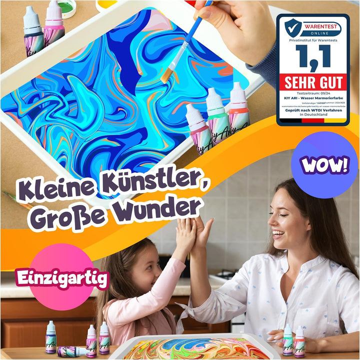 KIYARI Wassermarmorierfarben Set, Malset für Kinder mit 10 A3 Blättern | Wassermarmorierfarben Set,