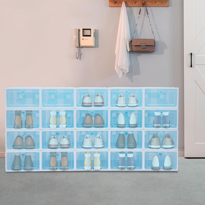 20 Stück Schuhbox,Faltbare Kunststoff-Schuhaufbewahrungsbox,Transparent PP Stapelbar Flip-Top Aufbew