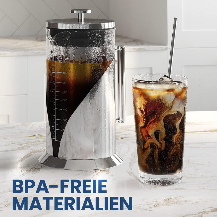 Cafe du Chateau Cold Brew Kaffeebereiter – 1 Liter – Filter aus Edelstahl 304 – Borosilikatglaskörpe