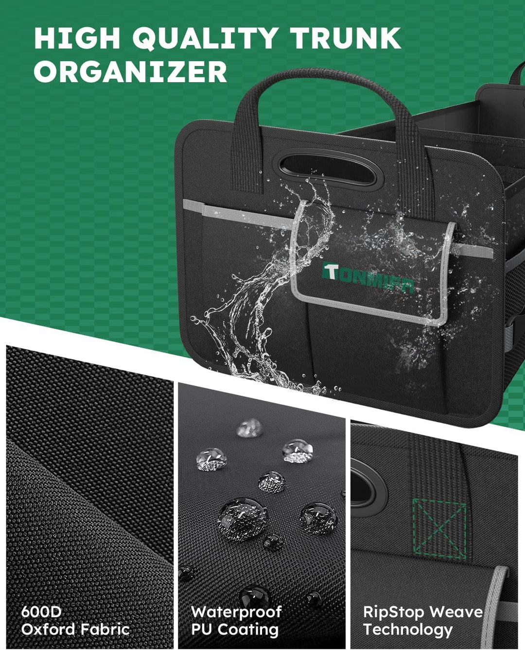 Kofferraum-Organizer mit 2 Fächern, strapazierfähig, 600D Oxford, zusammenklappbar, mit reflektieren