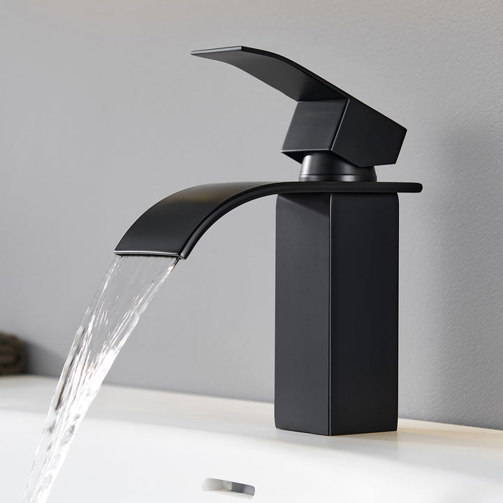 CECIPA Wasserhahn Bad Schwarz, Waschtischarmatur Wasserfall, Armatur Badezimmer Edelstahl, Waschbeck