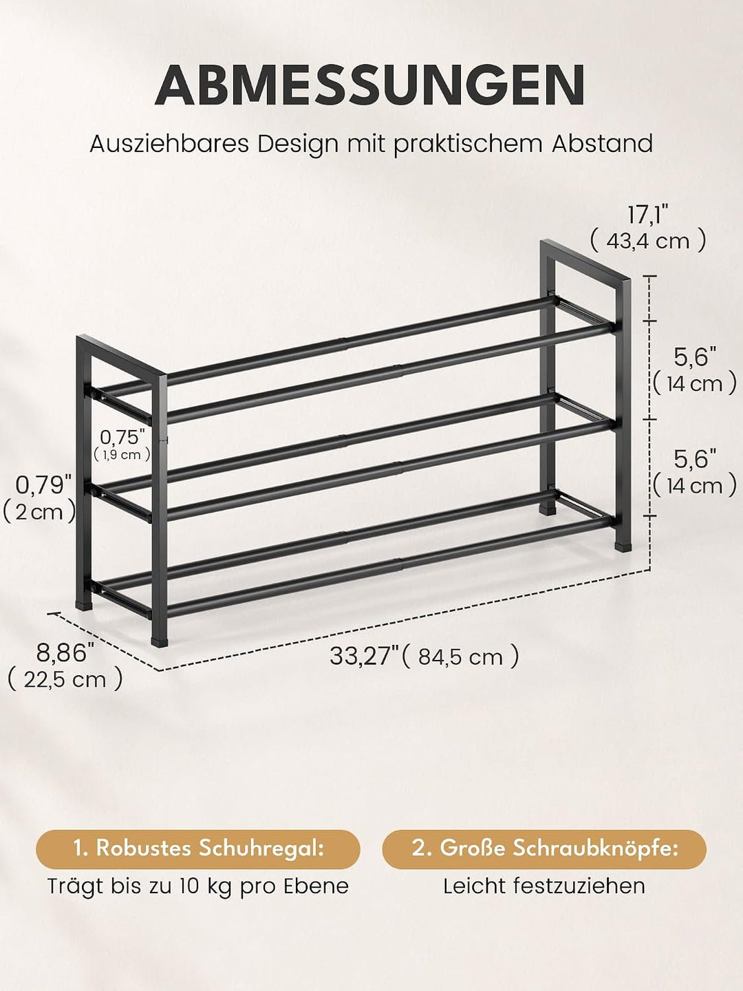 Bumusty Schuhregal 3 Etagen Ausziehbar, 45 bis 83 cm Verstellbar Metall Schuhablage, für kleine Räum