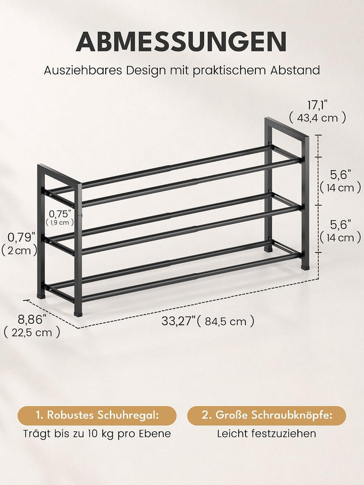 Bumusty Schuhregal 3 Etagen Ausziehbar, 45 bis 83 cm Verstellbar Metall Schuhablage, für kleine Räum