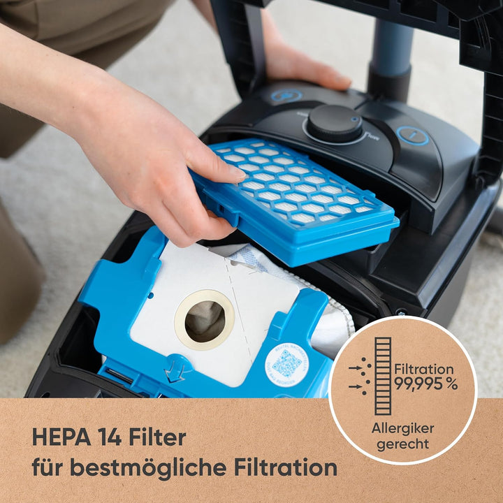 hoogo B3+ anthrazit Staubsauger mit Beutel | Starke 850 W Saugleistung | HEPA 14 Filter | 11m Radius