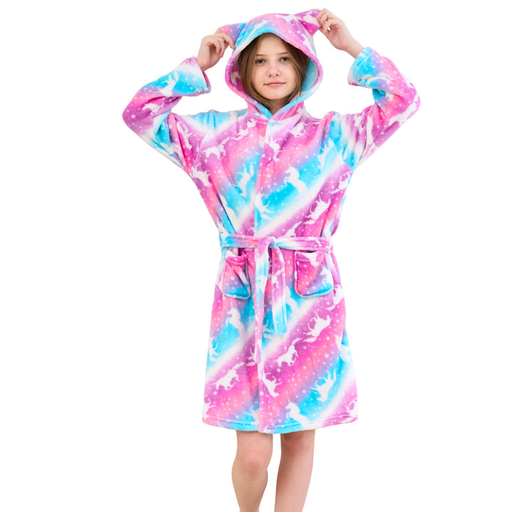 Katzen Bademantel für Mädchen Weiches Fleece Morgenmäntel mit Kapuze und Katzenohren Rosa/Lila Einho