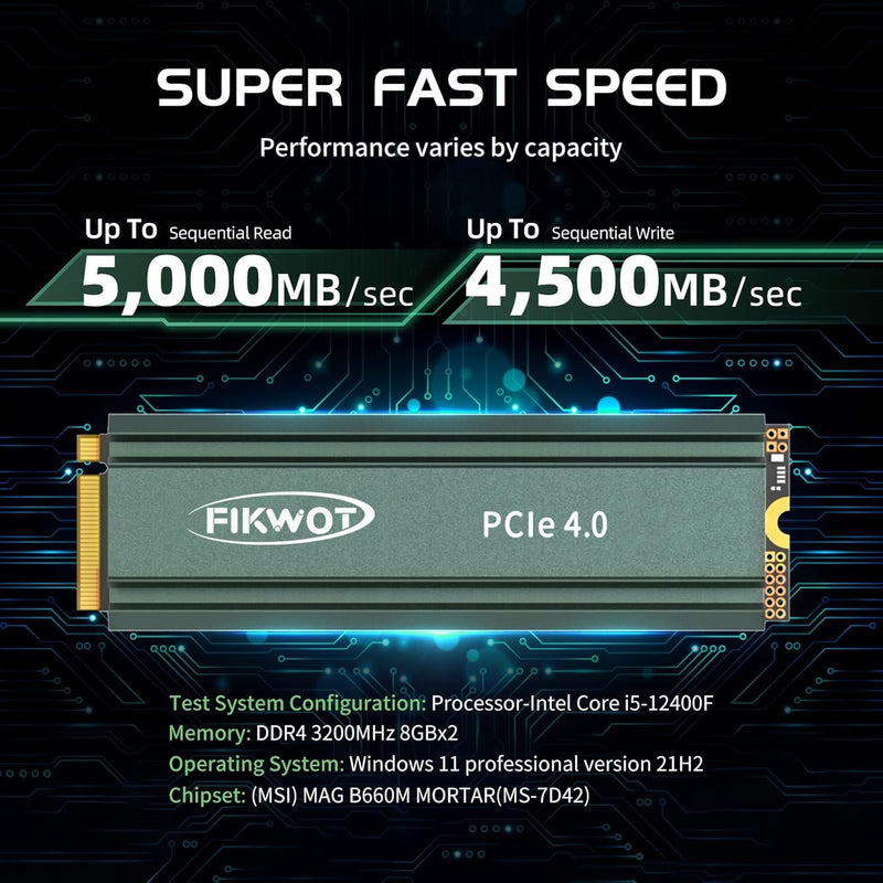 Fikwot FN960 512GB M.2 2280 PCIe Gen4 x4 NVMe 1.4 Internes Solid State Drive mit Kühlkörper – Bis zu