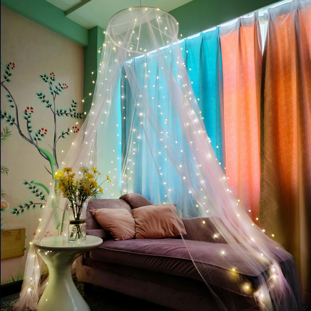 Eimilaly Betthimmel Moskitonetz mit 250pcs Bunte Vorhang Lichter, Betthimmel für Mädchen Zimmer Deko